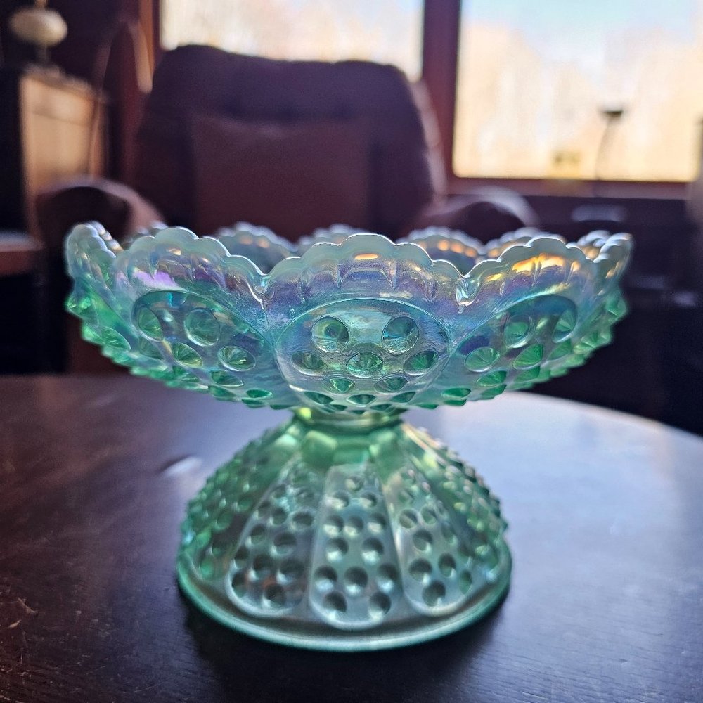 Fenton 95 Anniversary Green Opalescent Iridescent Hobnail Candleholder Cntrpiece